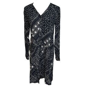 Garnet Hill Dress Size 8 Black White Bandana Print V-Neck Button-Up